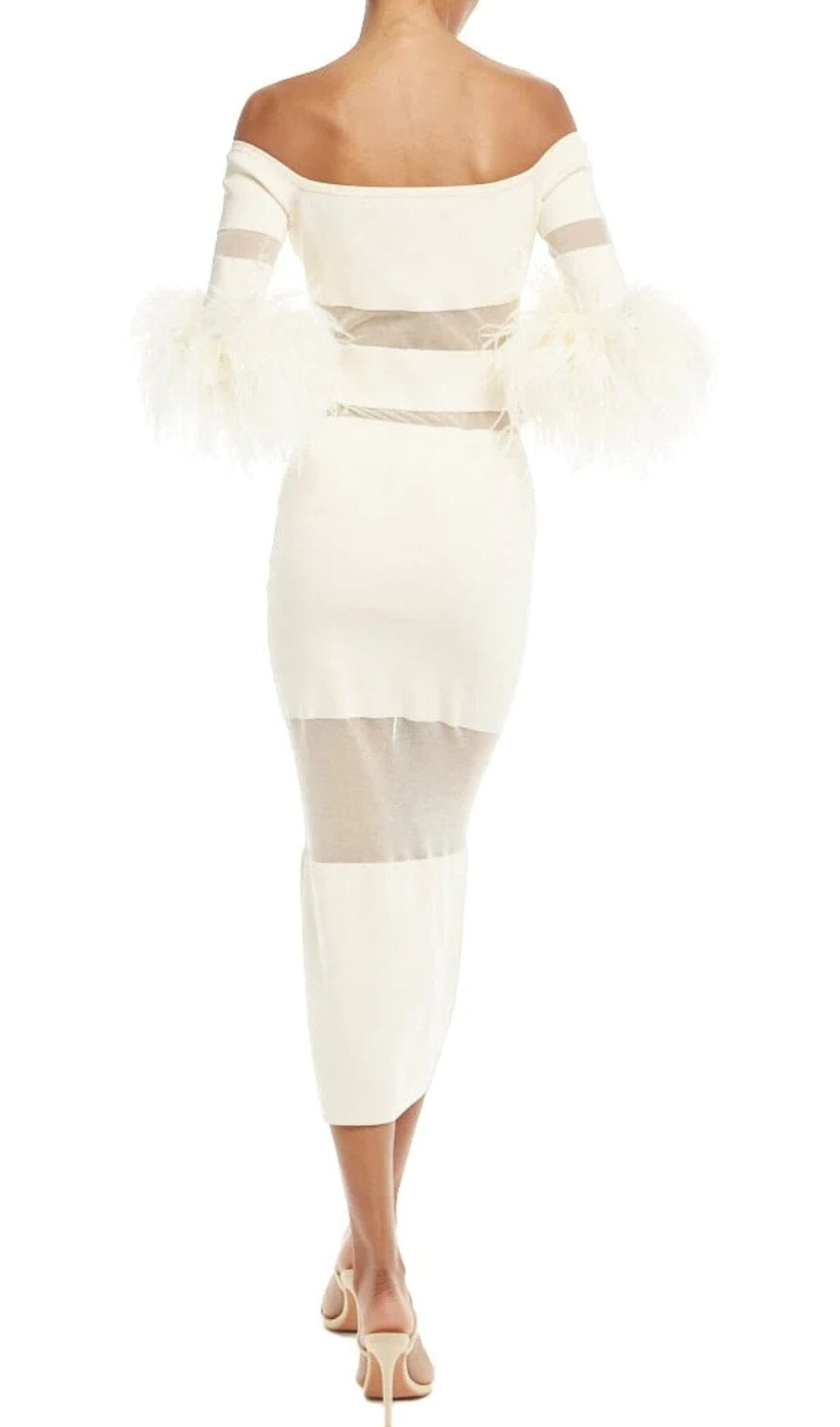 Fashionslee Women Bandage Off-Shoulder Feather Midi Dress In White