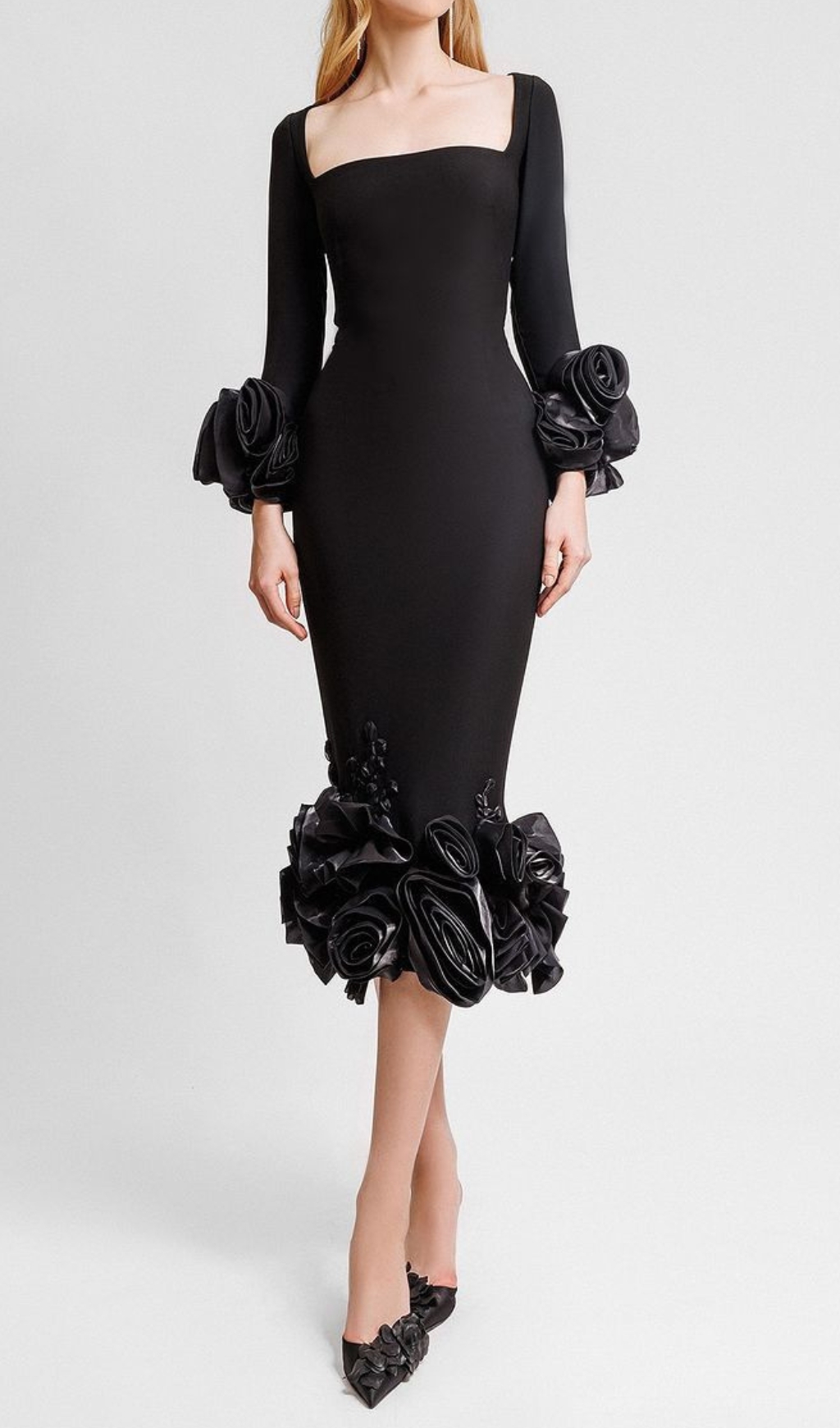 Fashionslee Women Catlin Black Flower Bandage Midi Dress