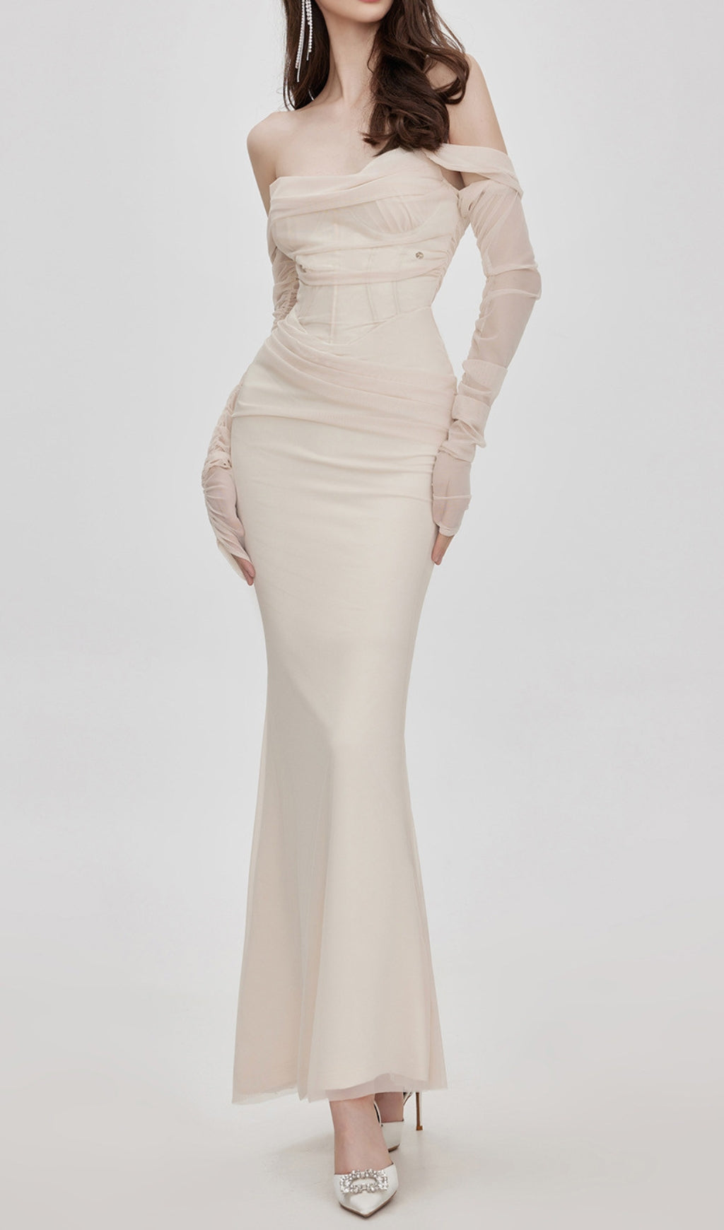cb39cf52a525aa59ab1597193633f114.jpeg Fashionslee Women Beba Apricot Off Shoulder Mesh Maxi Dress