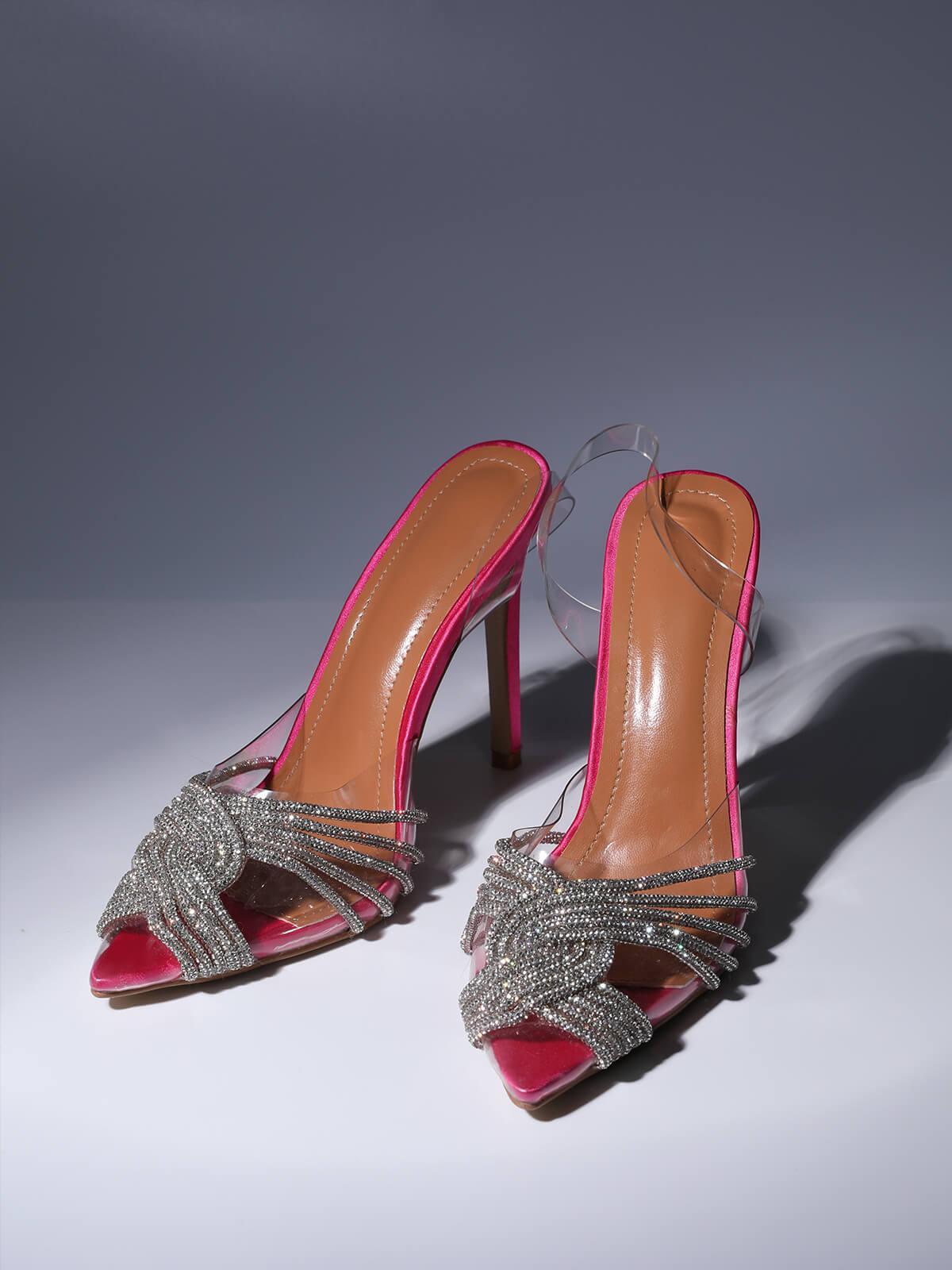 Fashionslee Women Crystal Embellished Sandals In Hot Pink