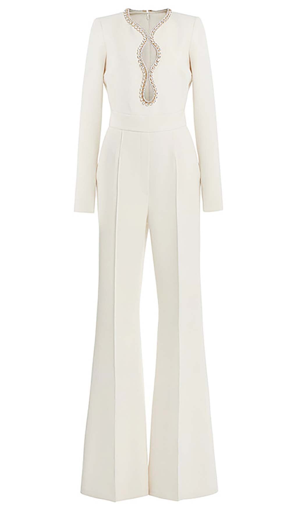 Fashionslee Women Long Sleeve V-Neck Diamond Tight Long Sleeve Jumpsuit