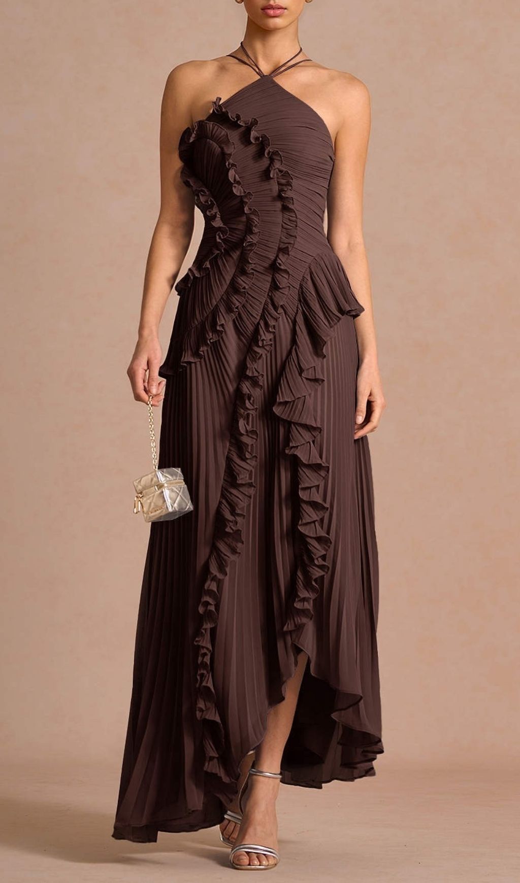 cb5ef1dd885e4c5065ed900a68673d5d.jpg Fashionslee Women Finneas Brown Halter Pleated Maxi Dress