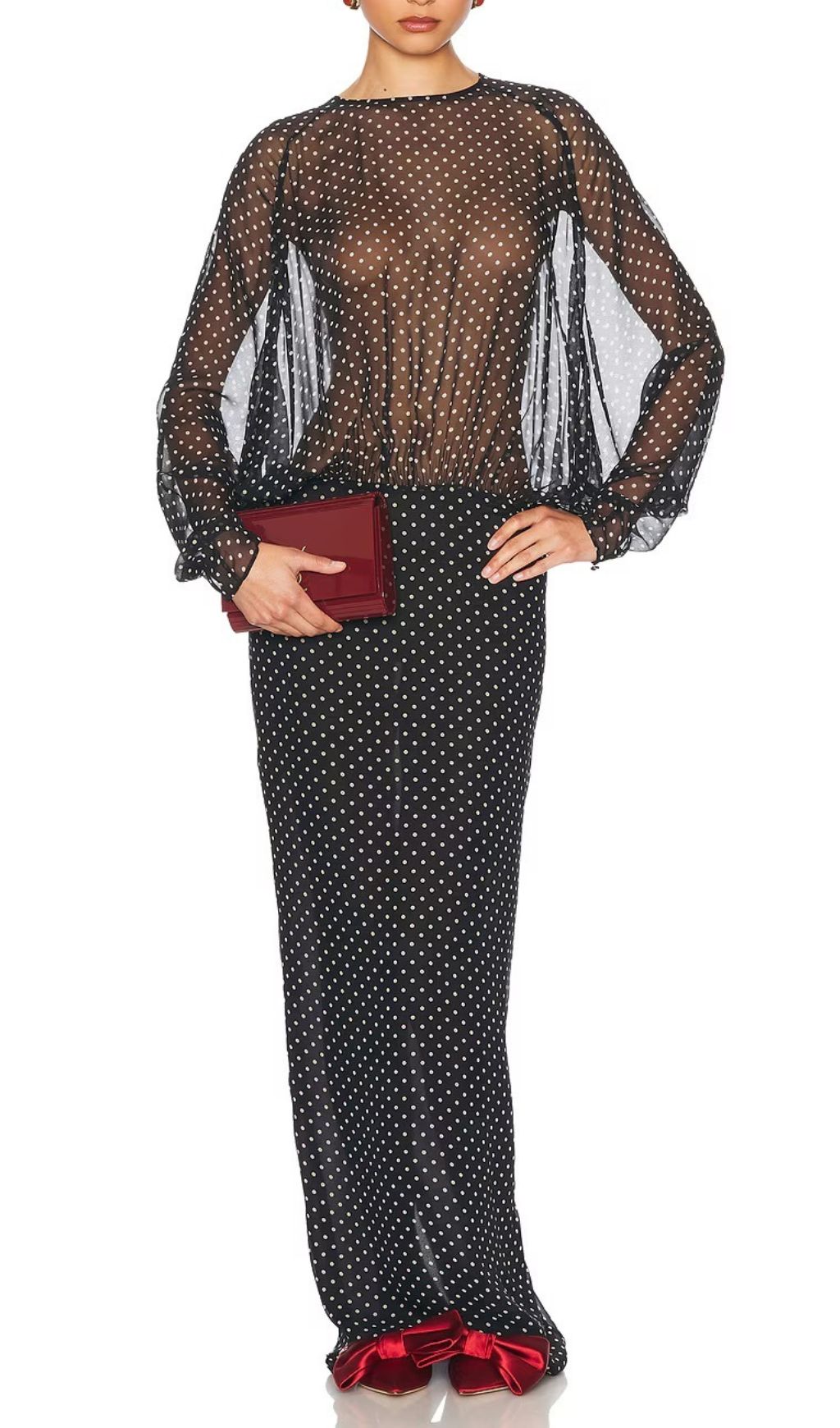Fashionslee Women Isis Black Dot Long Sleeve Maxi Dress