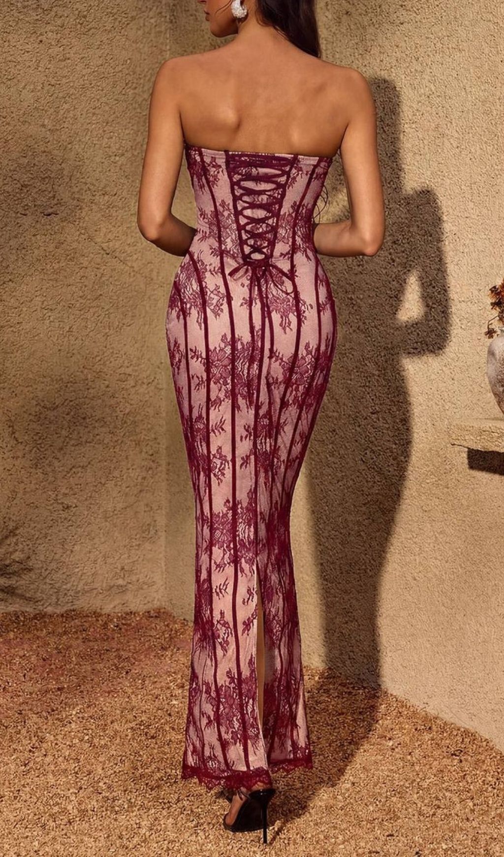 Fashionslee Women Chalina Strapless Lace Maxi Dress In Wine