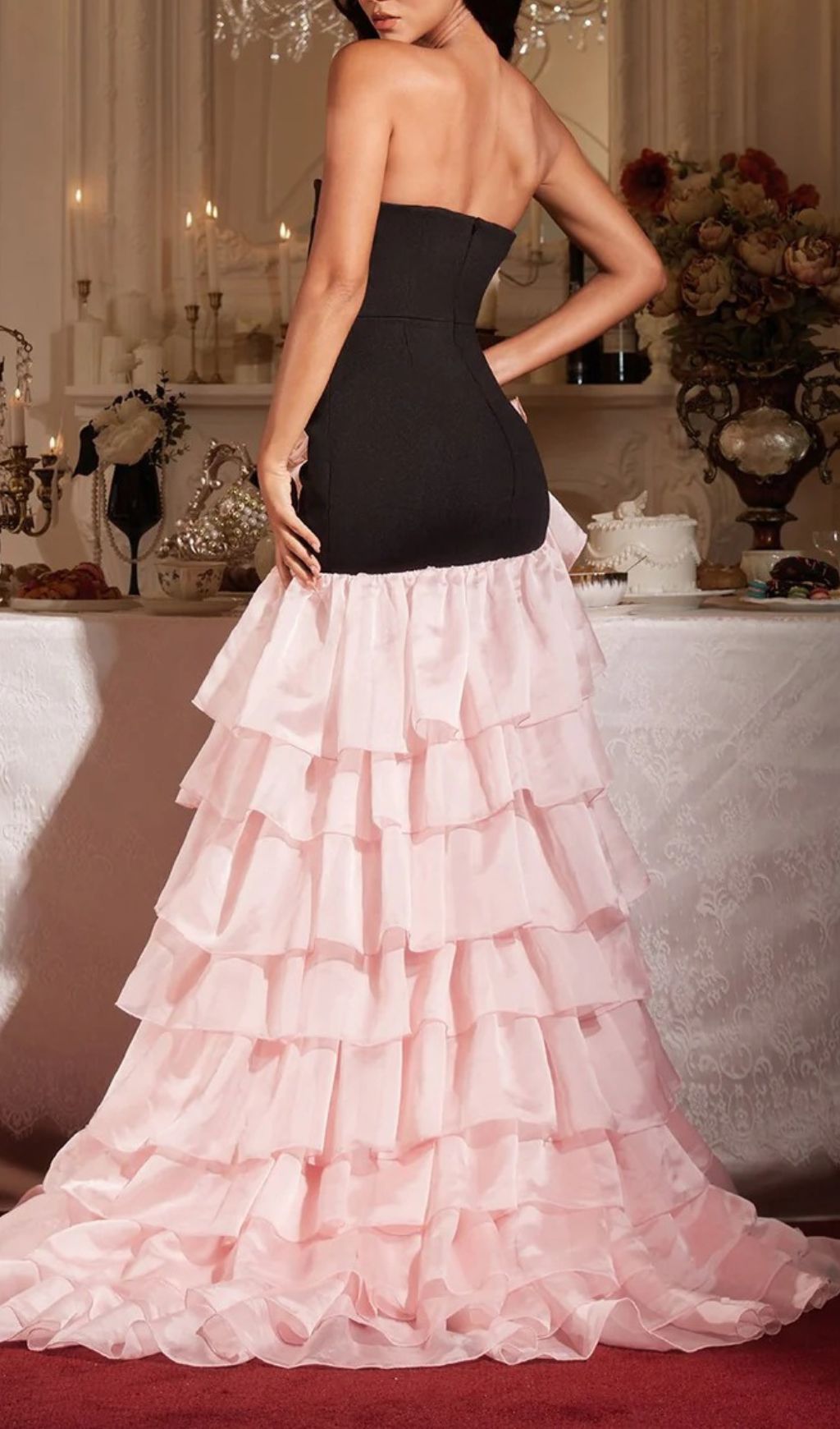 Fashionslee Women Filib Strapless Flower Ruffle Tiered Maxi Dress