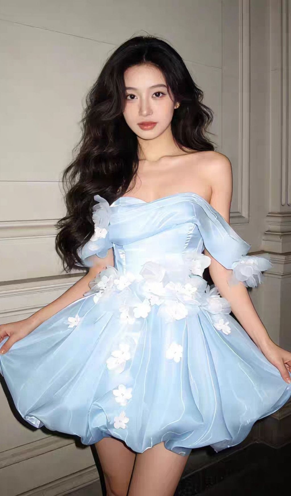 Fashionslee Women Krissa Blue Off-Shoulder Flower Mini Dress