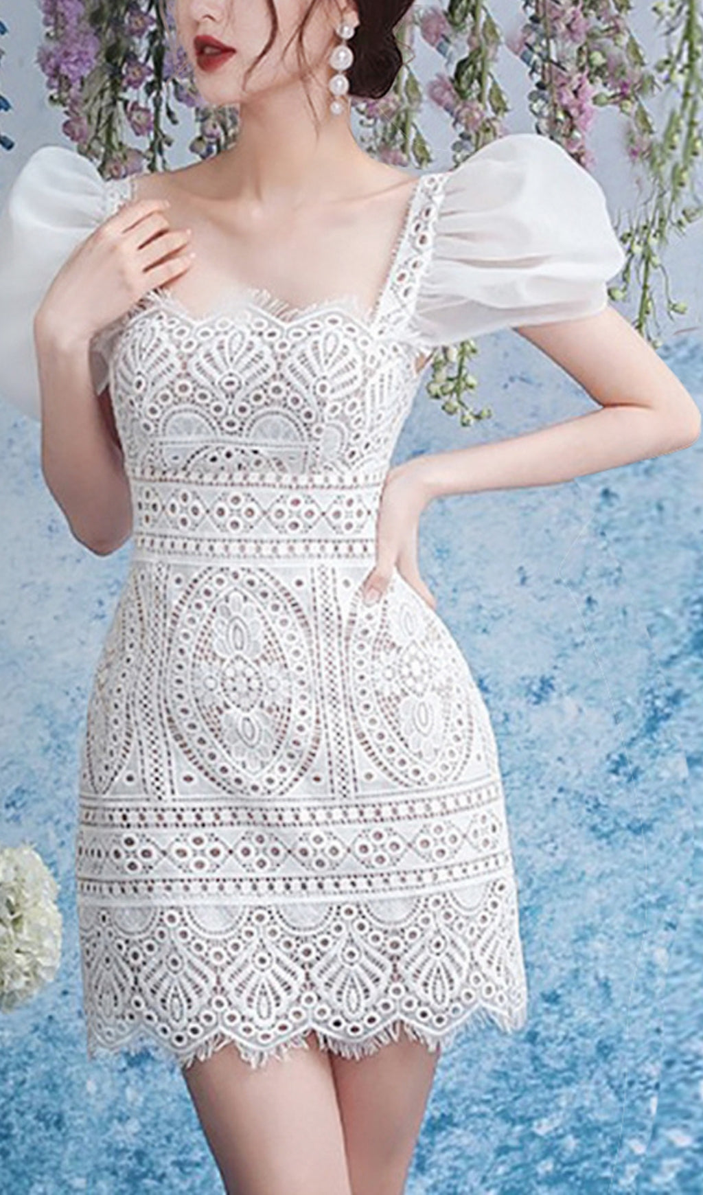 Fashionslee Women Retro Puff Sleeve Lace Mini Dress
