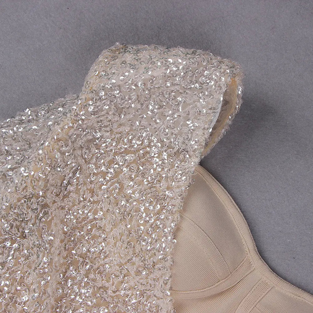 Fashionslee Women Khaki Shiny Sequin Bandage Mini Dress