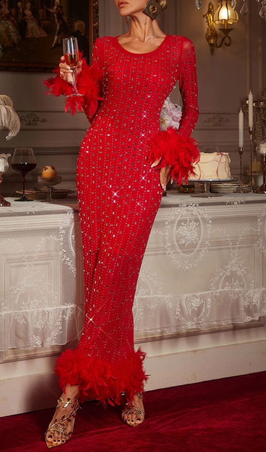cc3d3dc9dfdef8c05f6678769bf572a9.jpg Fashionslee Women Chardea Rhinestone Feather Mesh Maxi Dress