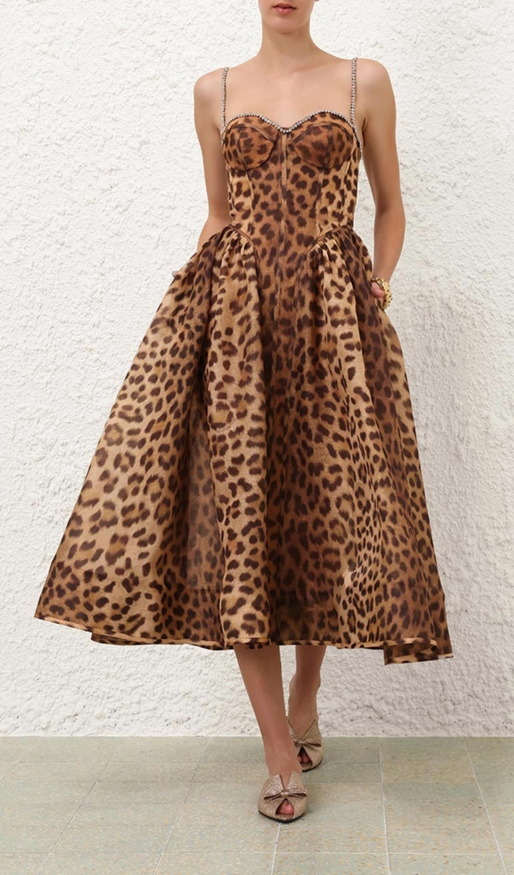Fashionslee Women Animal Print Crystal Bustier A Line Midi Dress
