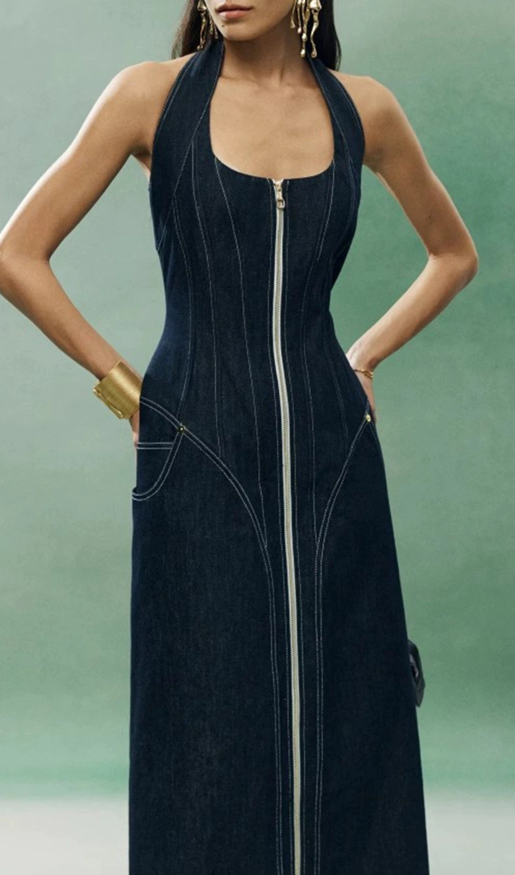 Fashionslee Women Everlee Halter Denim Midi Dress