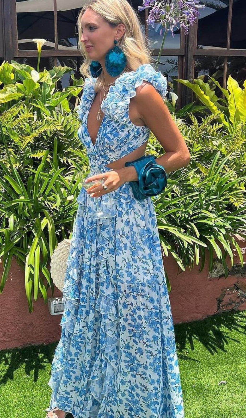 Fashionslee Women Anjelica Blue Ruffled Floral Maxi Dress
