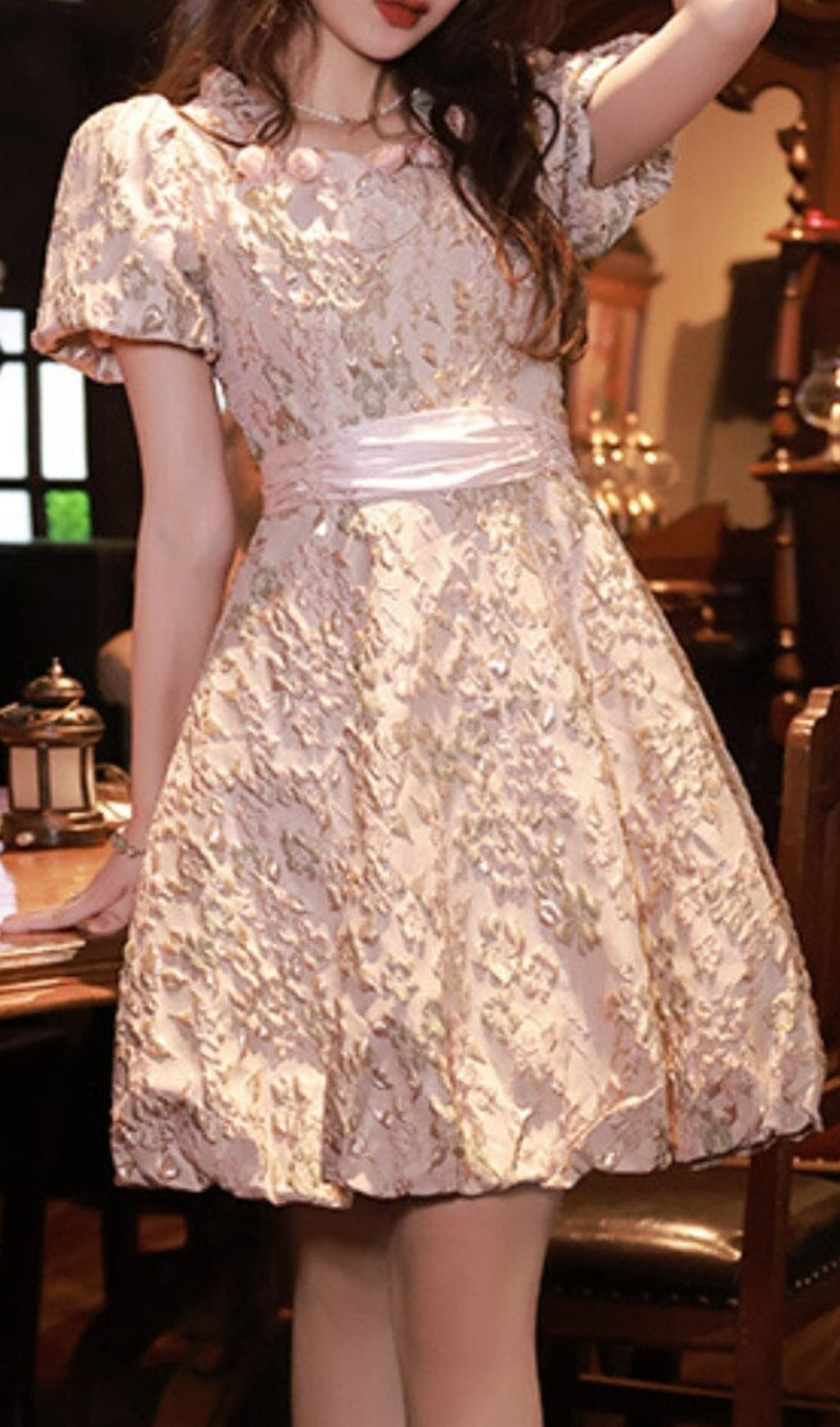 Fashionslee Women Puff Sleeve Cutwork Mini Dress In Pink
