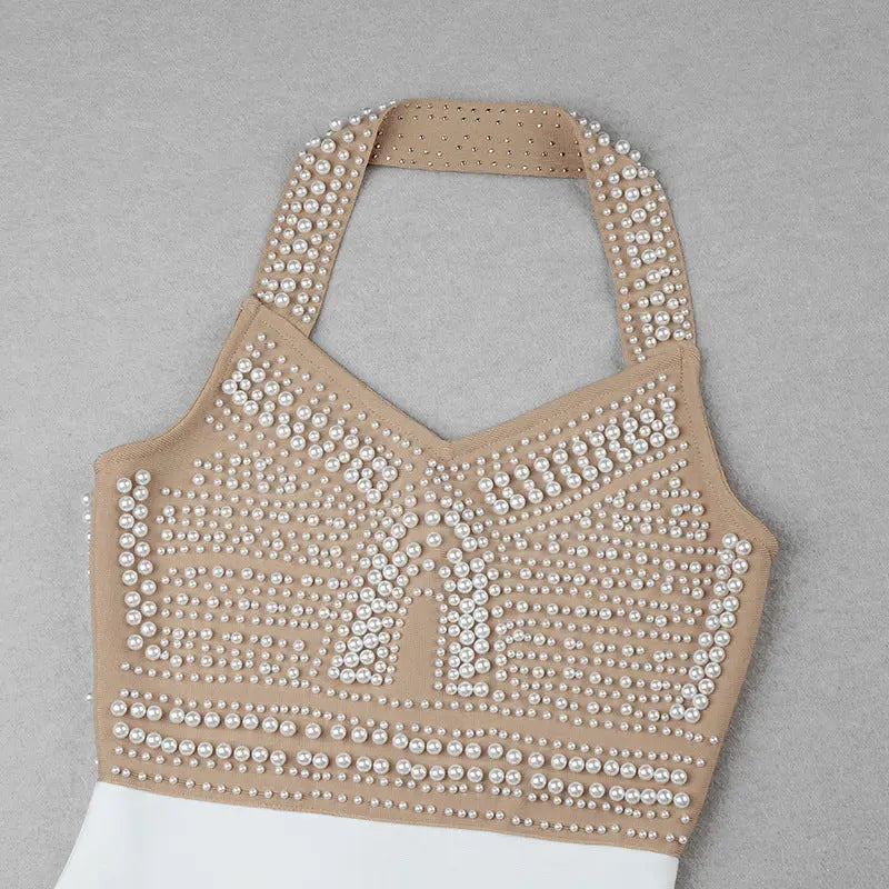 cd2aa113b90a7e07f312a5c5078efb46.jpeg Fashionslee Women Beige Pearl Halter Bandage Midi Dress