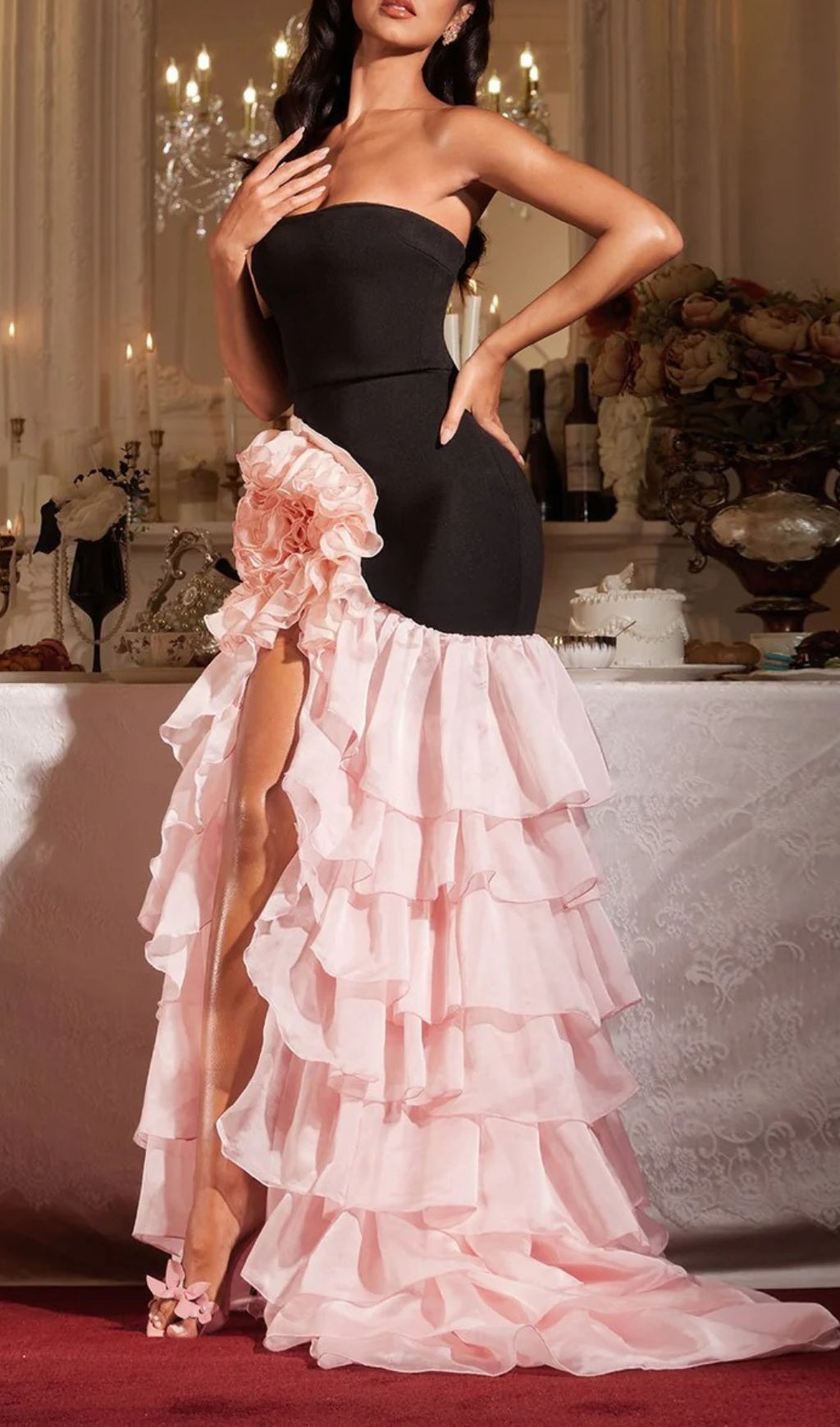 cd2b76b73144debe9cd32b8442856c40.jpg Fashionslee Women Filib Strapless Flower Ruffle Tiered Maxi Dress