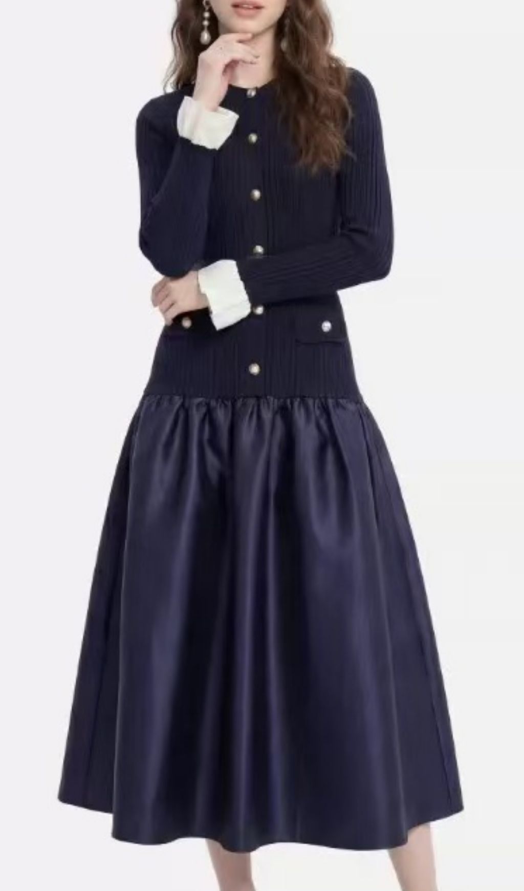 Fashionslee Women Kawena Navy Knit Long Sleeve Midi Dress