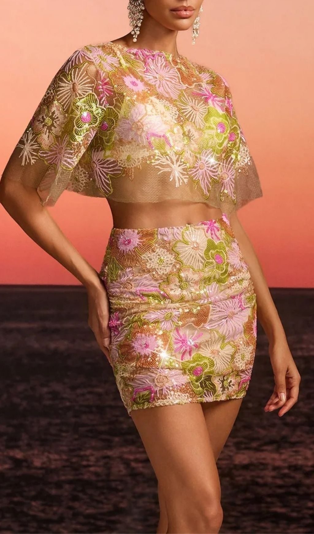 Fashionslee Women Fariba Shorts Sleeve Embroidered Skirt Set