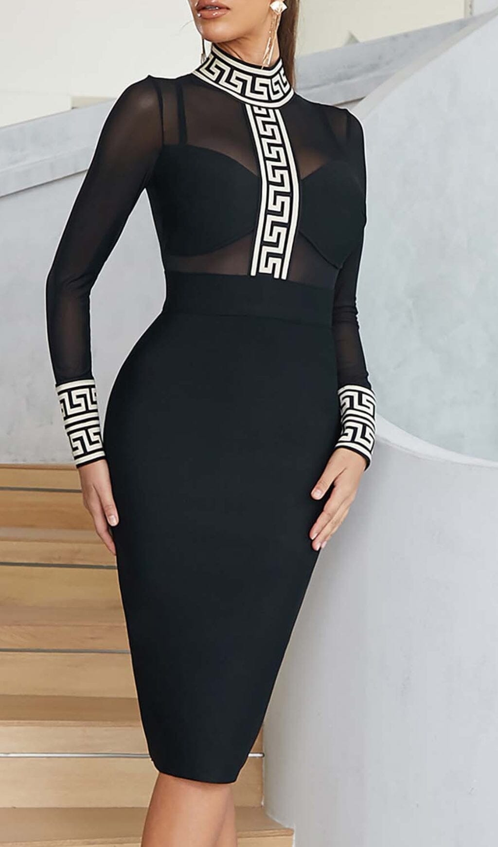 Fashionslee Women Mesh Long Sleeve Bandage Midi Dress In Black