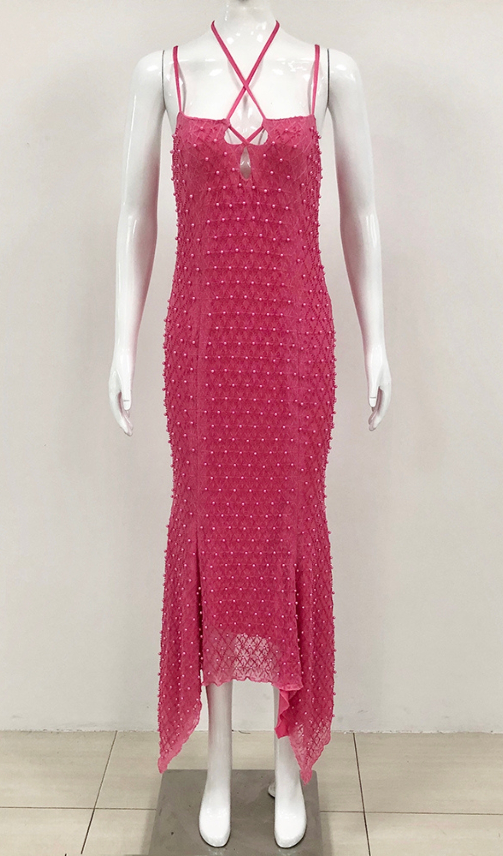 Fashionslee Women Bakwina Pink Pearl Sequin Lace Up Maxi Dress