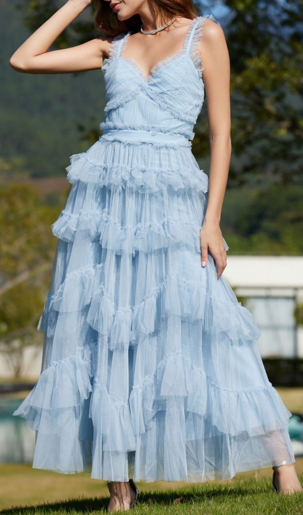 Fashionslee Women Blue Ruffle V Neck Sleeveless Tiered Tulle Maxi Dress