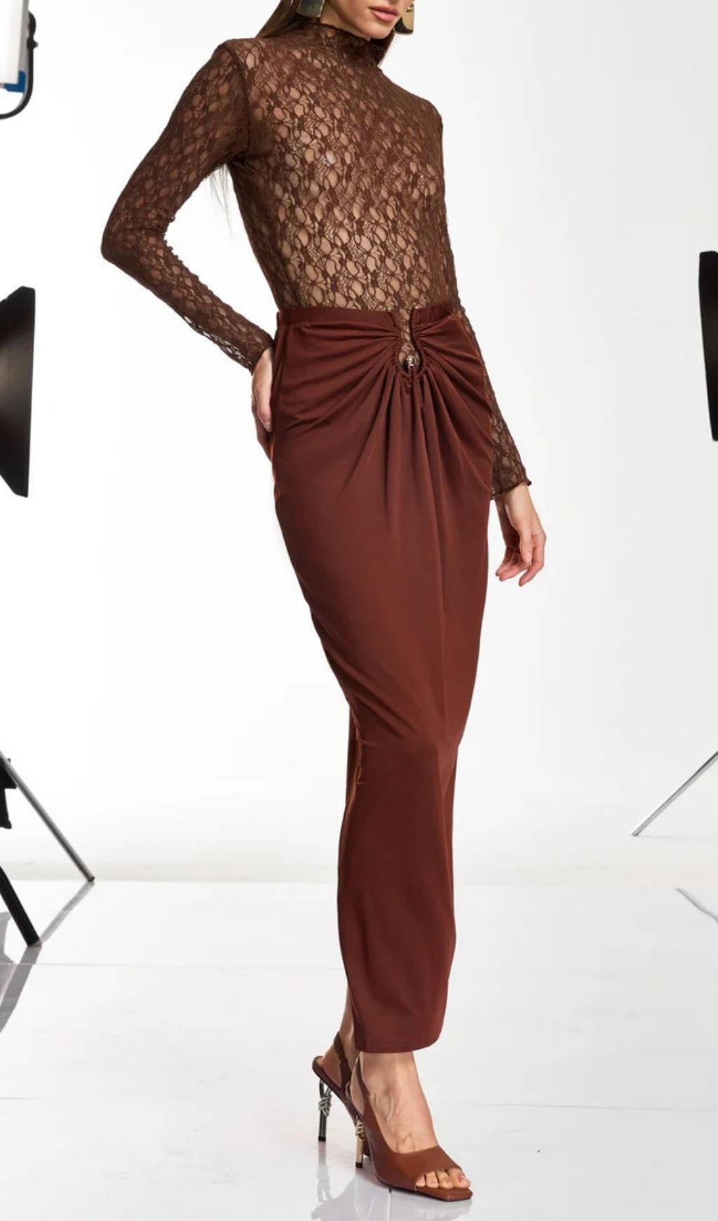 Fashionslee Women Darcila Long Sleeve Lace Ruched Skirt Set