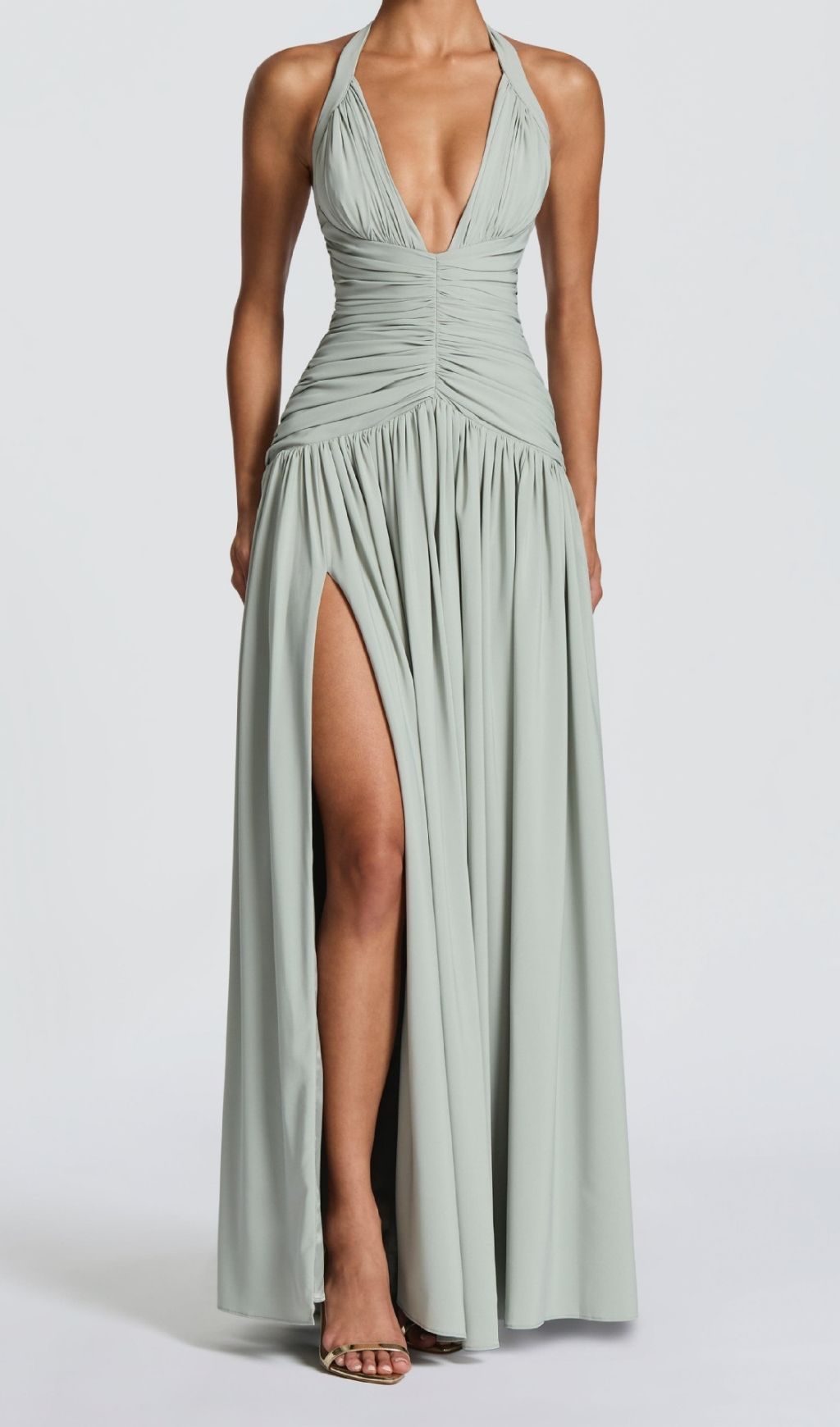 Fashionslee Women Kelley Celadon Halter Ruched Maxi Dress