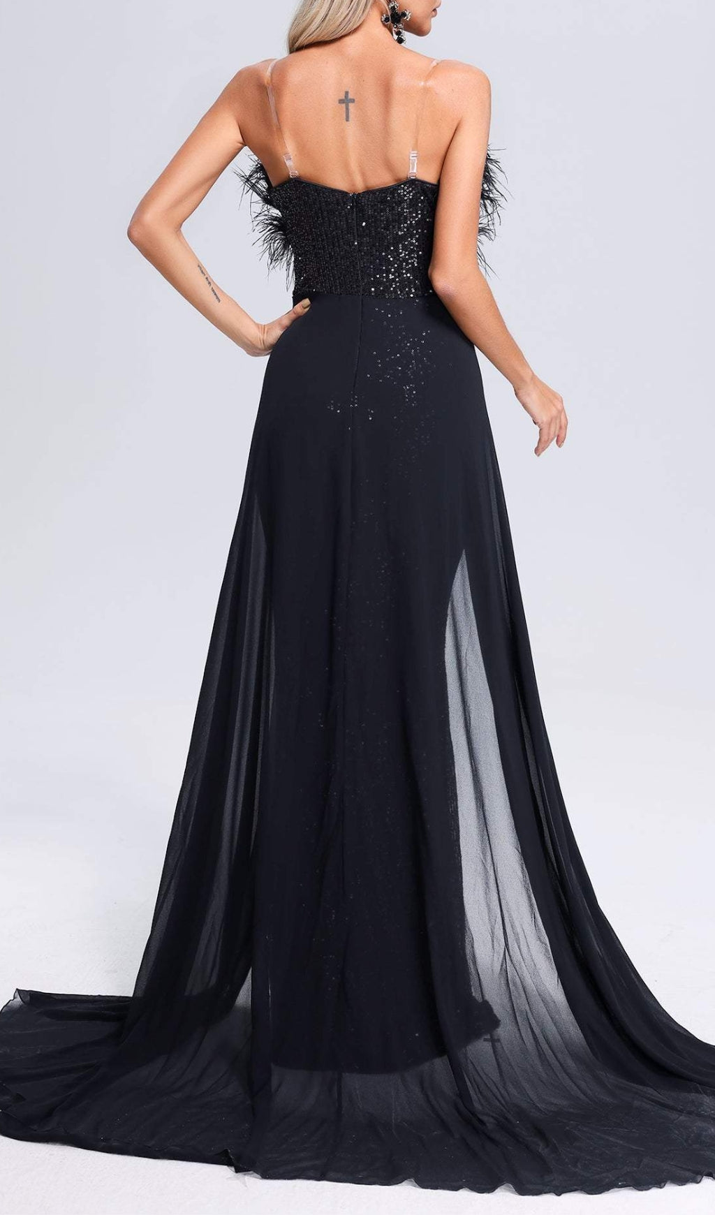 Fashionslee Women Adams Black Feather Sequin Maxi Dress