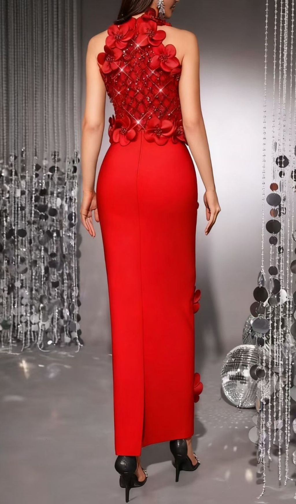 Fashionslee Women Kendi Red Halter Flower Sequin Bandage Maxi Dress