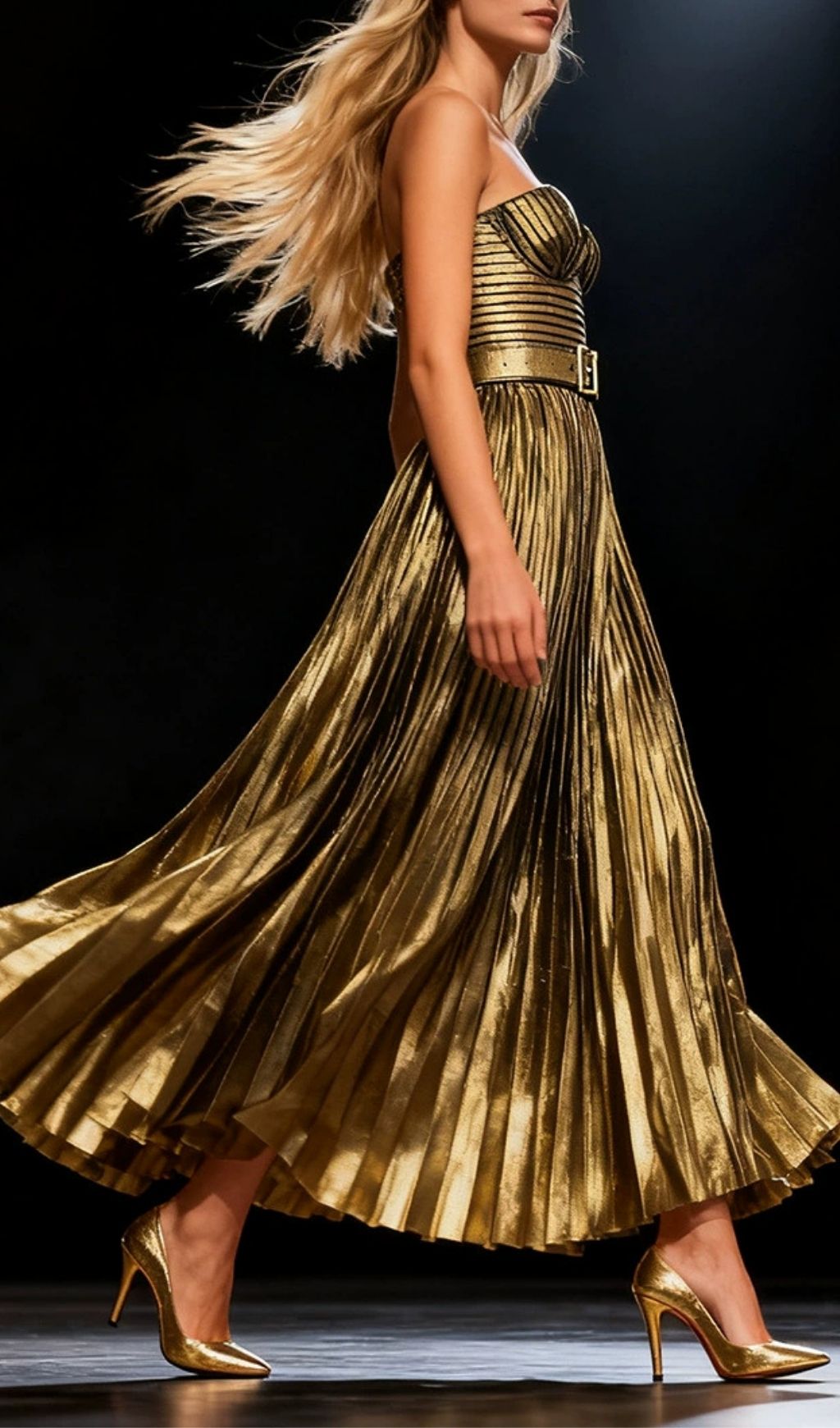 Fashionslee Women Kalyssa Gold Strappy Pleated Maxi Dress