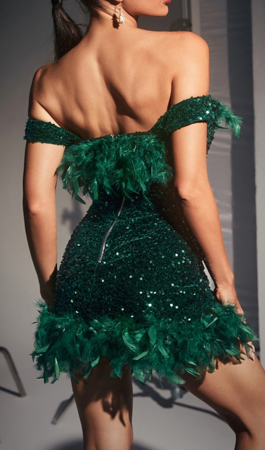 Fashionslee Women Off Shoulder Sequin Feather Mini Dress In Green