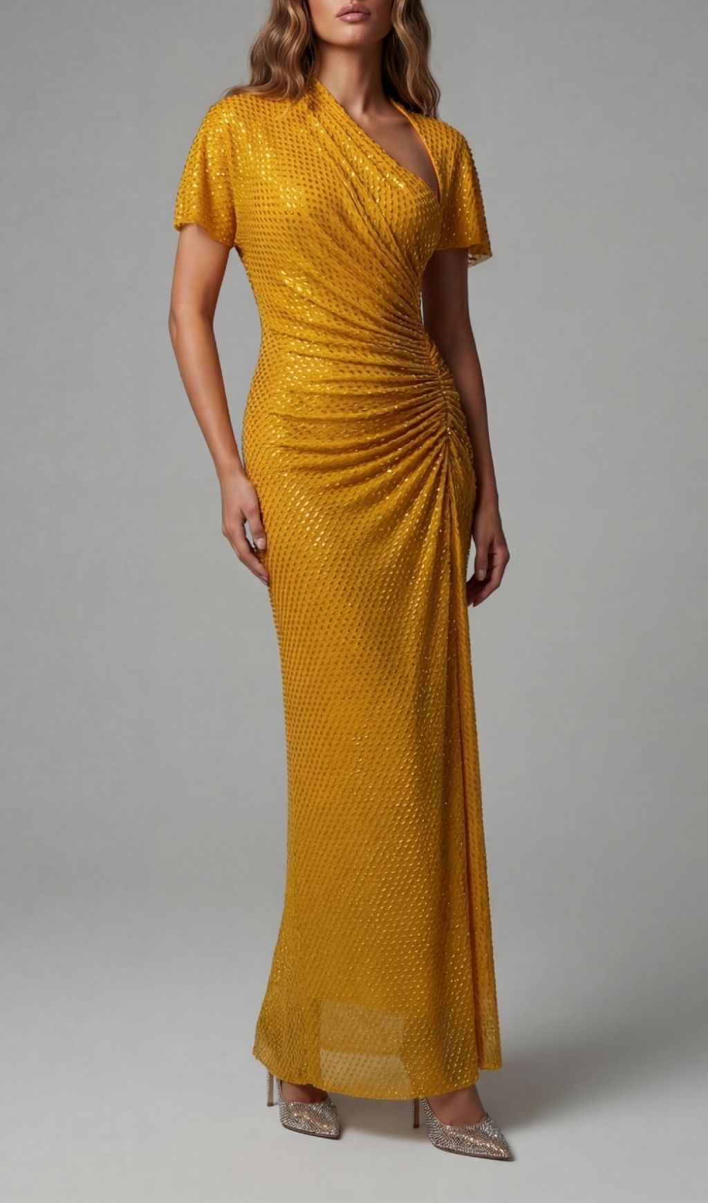 Fashionslee Women Kennedy Wheat Crystal Ruched Maxi Dress