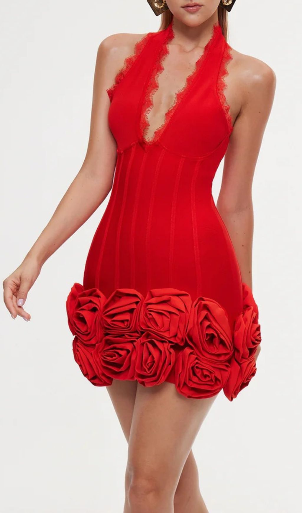 Fashionslee Women Emanar Halterneck Flower Bandage Mini Dress In Red