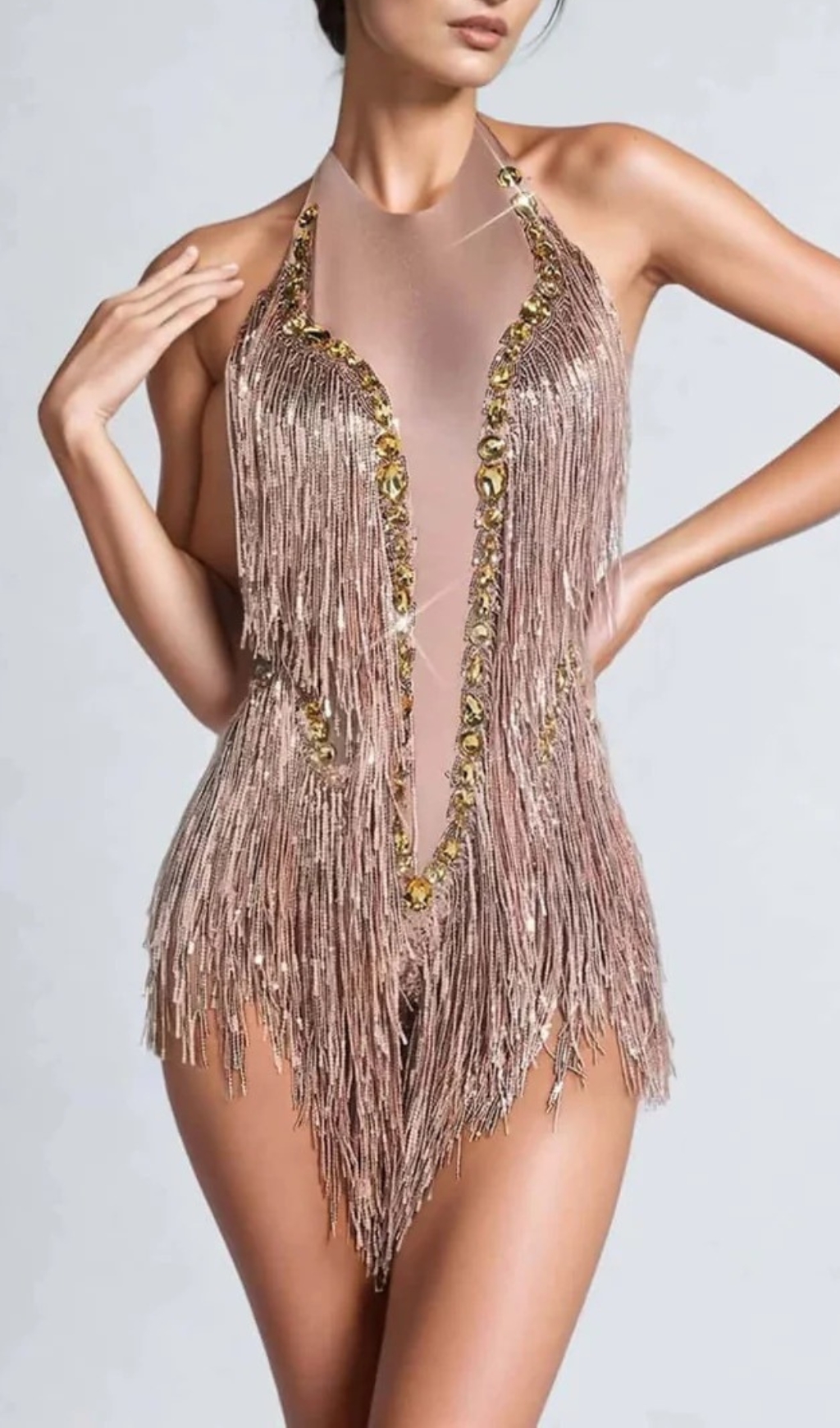 cee71022d7a788161e39276e4ba4a20e.jpg Fashionslee Women Benicio Halterneck Fringe Sequin Bodysuit