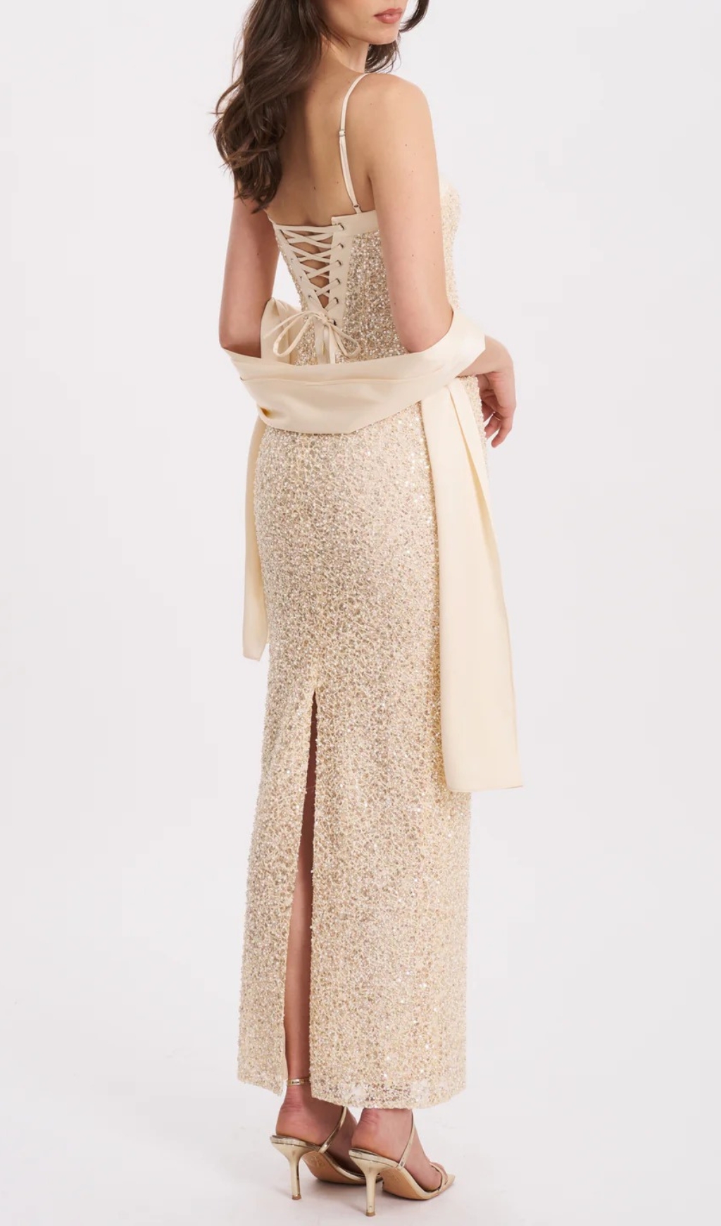 Fashionslee Women Raizel Gold Beaded Sequin Bodycon Gown with Scarf