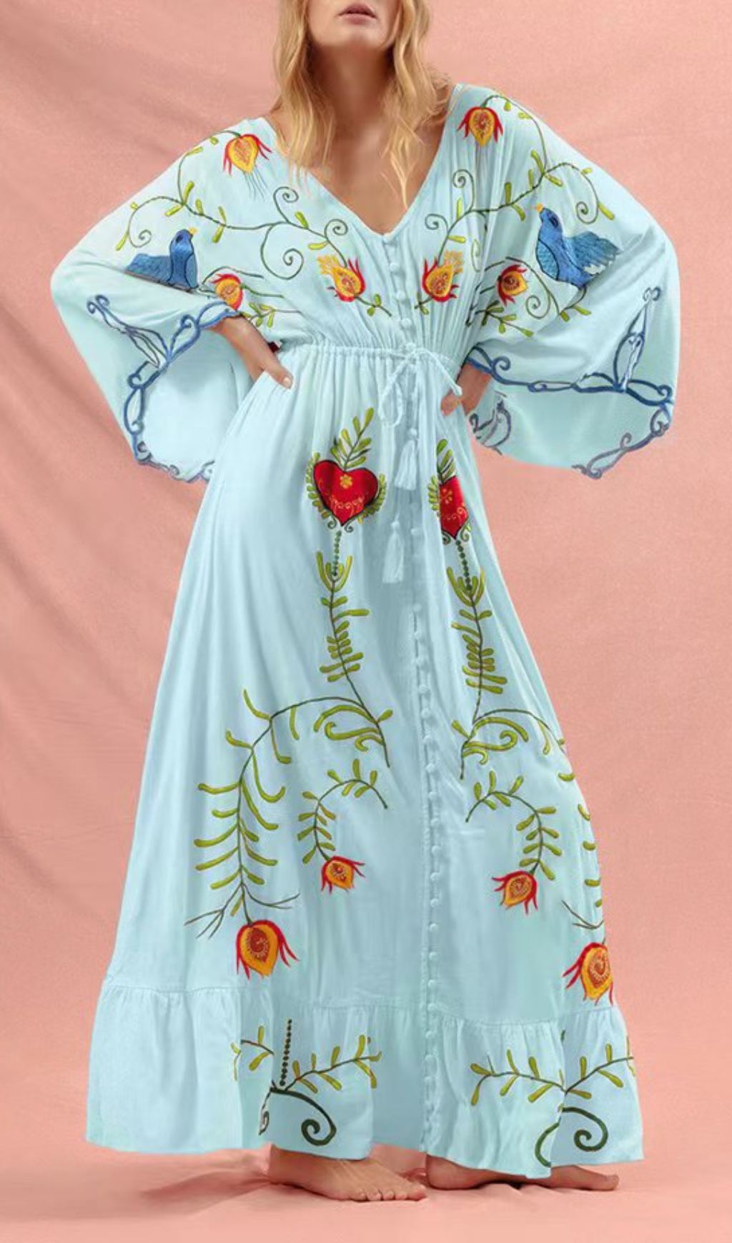 Fashionslee Women Gita Flower Embroidery Long Sleeve Maxi Dress