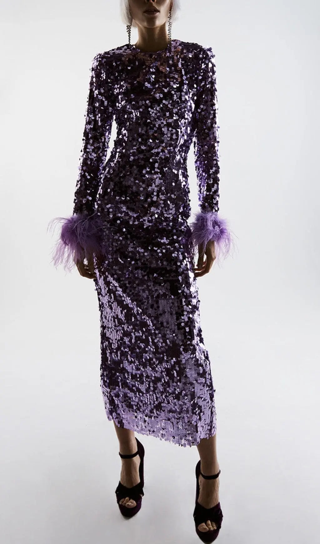 Fashionslee Women Sequin Patchwork Plush Cuff Dress In Purple