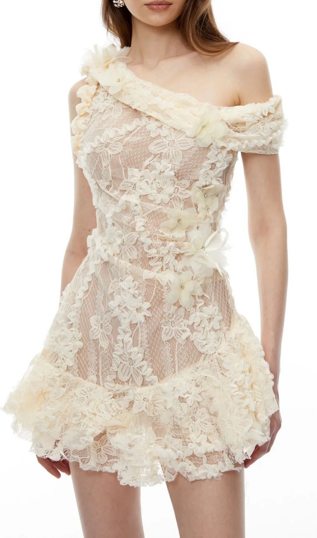 cf88af44f3e0f102ae3cd00f198348e1.jpg Fashionslee Women Niobe White Flared Lace Mini Dress with 3D Florals