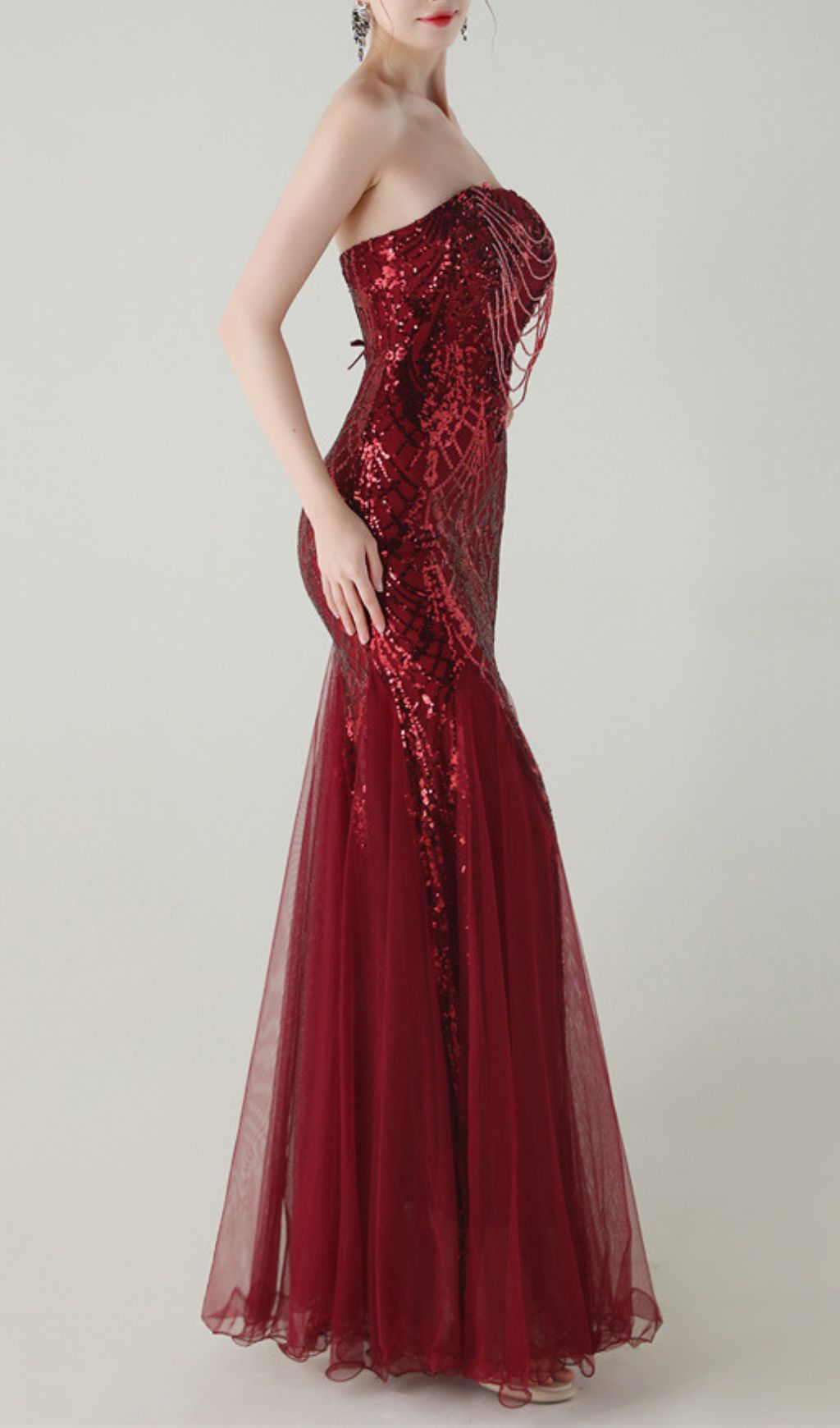 Fashionslee Women Ikuye Red Strapless Sequin Mesh Maxi Dress