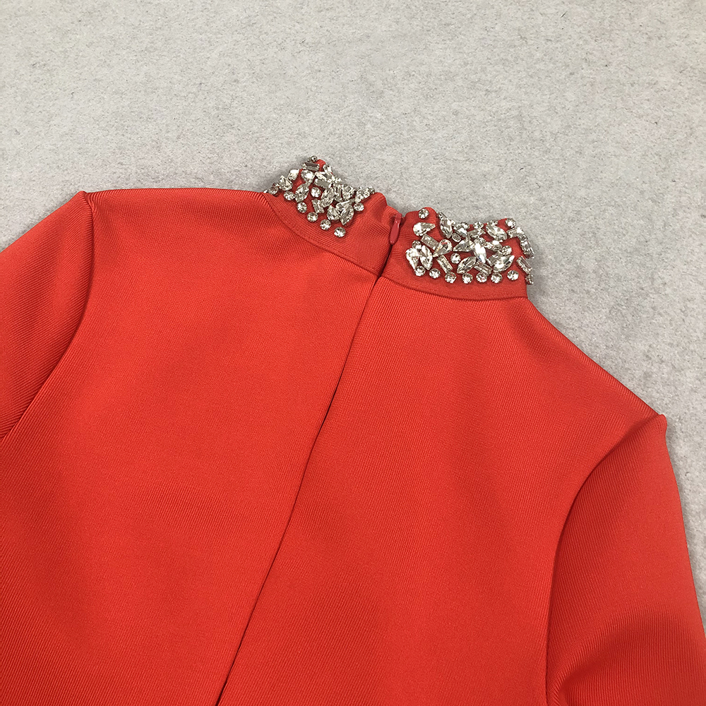 Fashionslee Women Bridie Red Long Sleeve Crystal Midi Dress