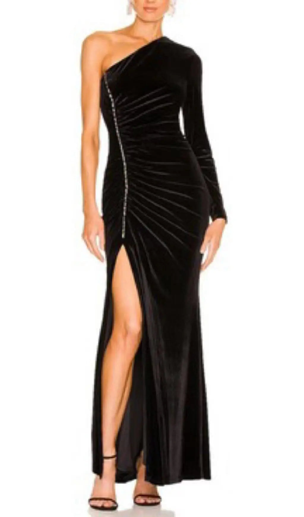 Fashionslee Women Velvet Diamond One Shoulder Split Maxi Dress In Black