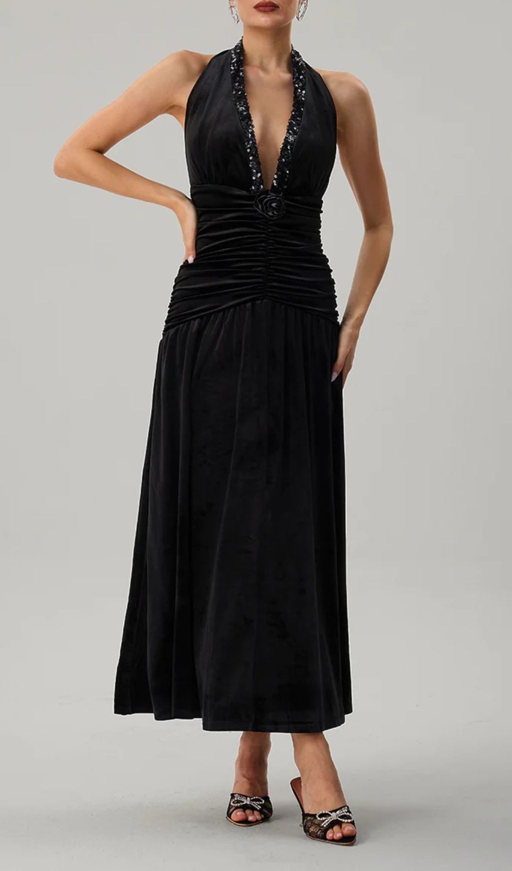 Fashionslee Women Faro Halterneck Ruched Maxi Dress