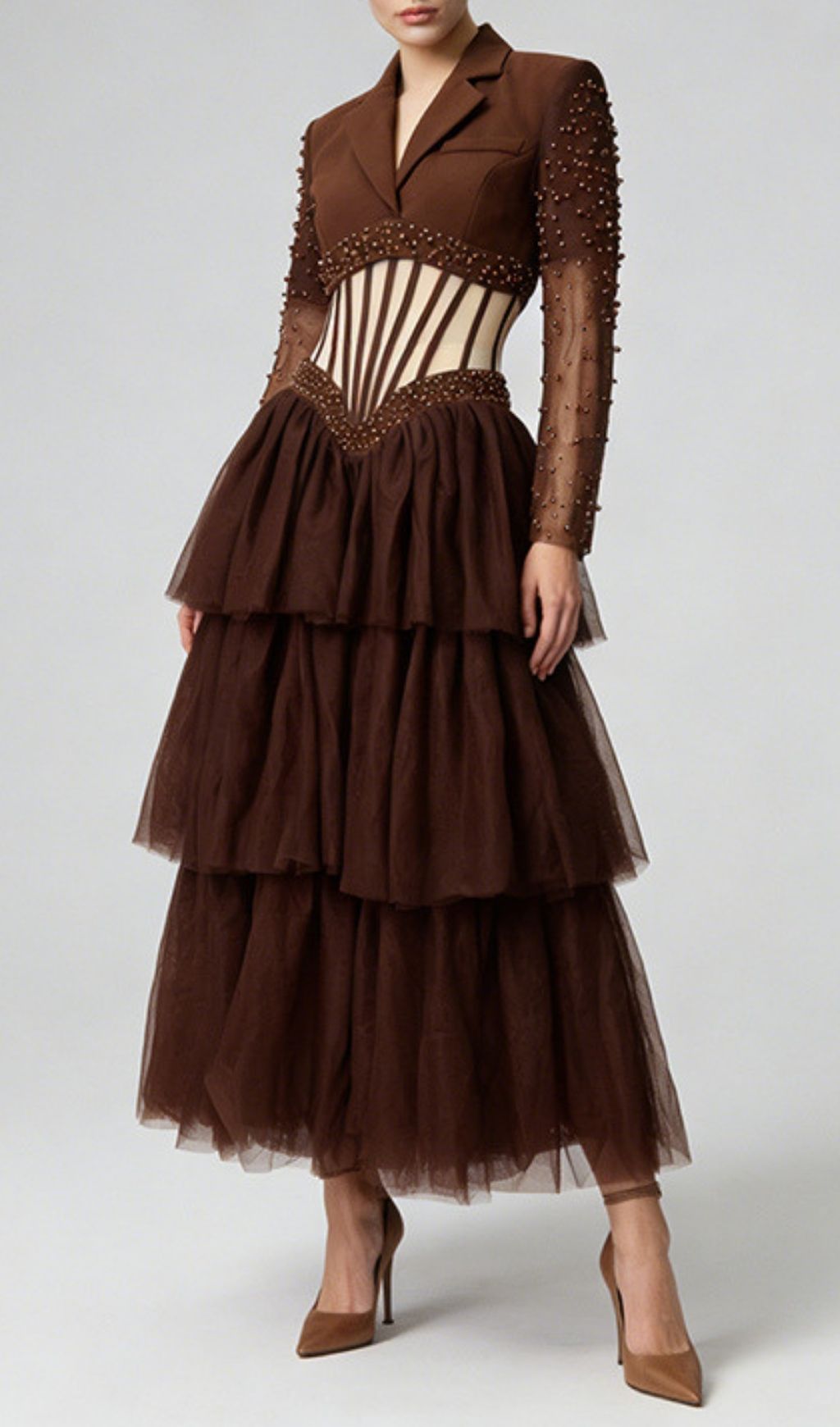 Fashionslee Women Kaysar Coffee Beaded Corset Mesh Maxi Dress