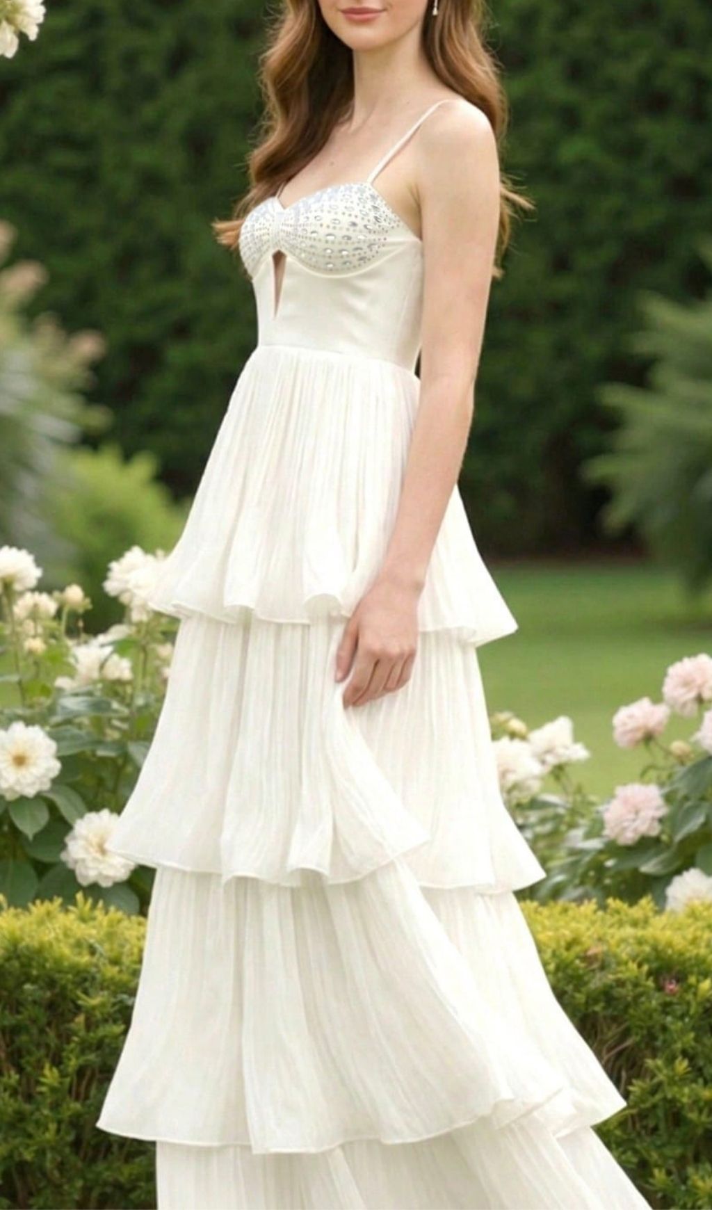 Fashionslee Women Katherina White Strappy Diamante Layered Maxi Dress
