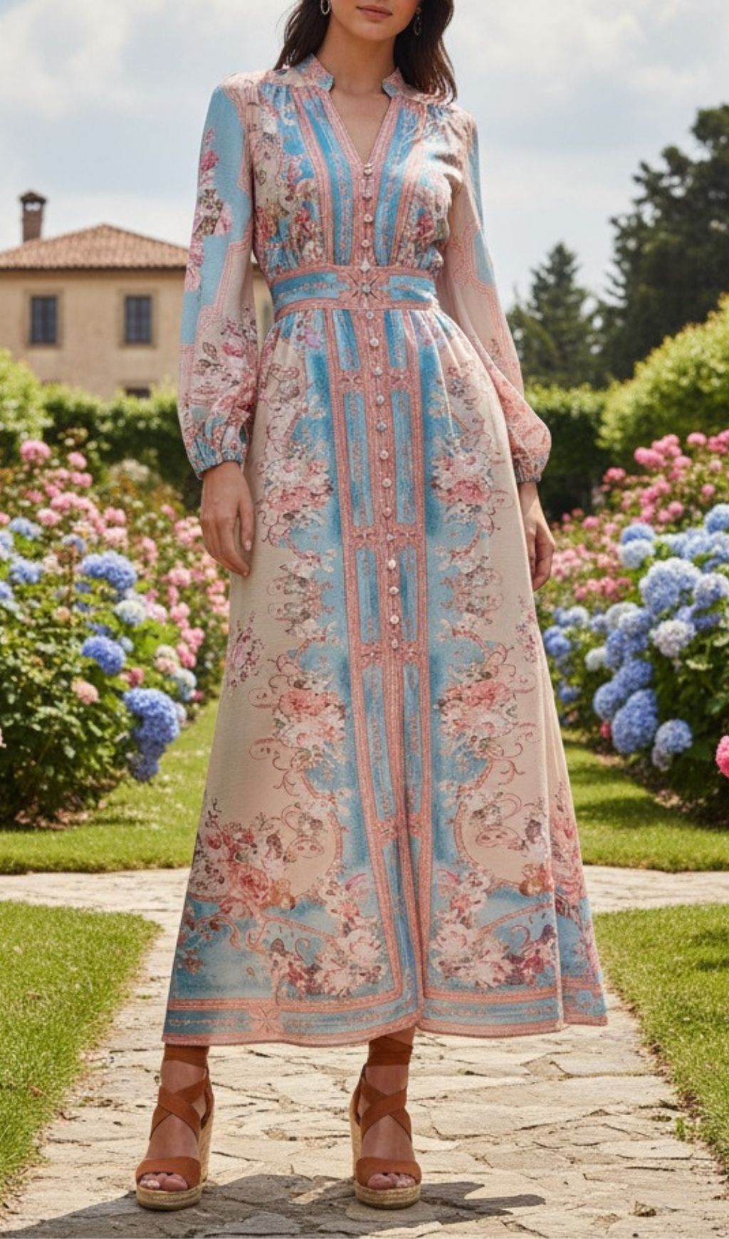 Fashionslee Women Kamillia Blue Floral Long Sleeve Maxi Dress