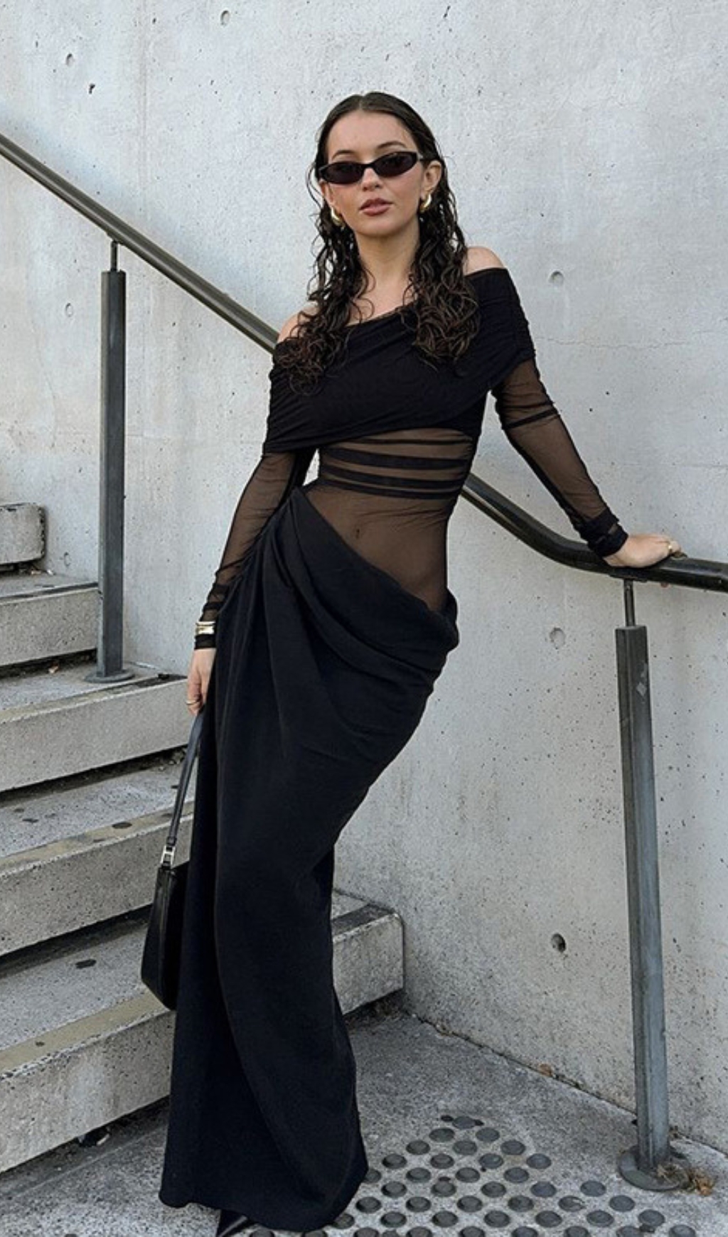 d01aef6f2e9dad0954188f9f0bbf0397.jpg Fashionslee Women Dawood Black Off-Shoulder Long Sleeve Mesh Maxi Dress