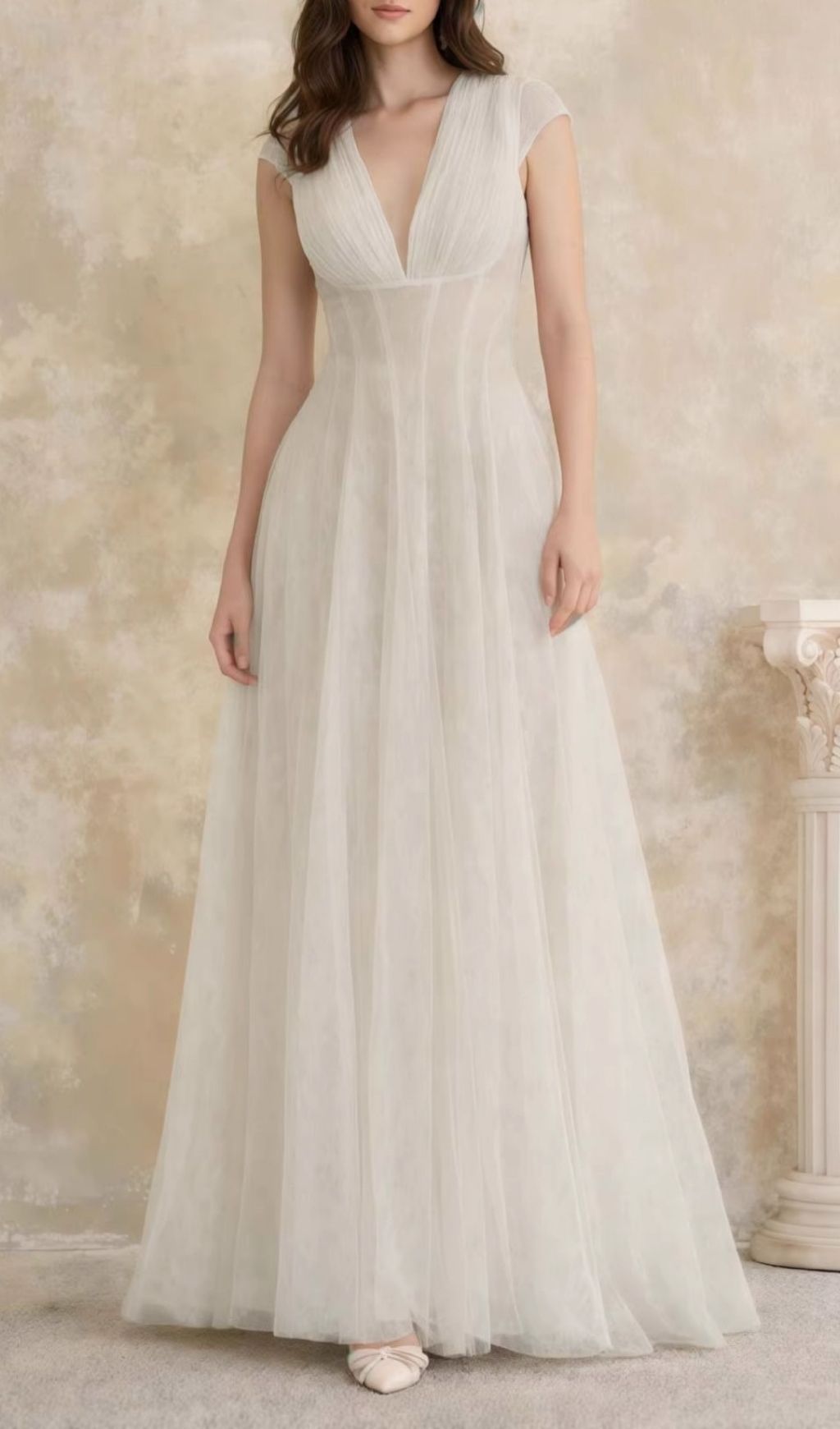Fashionslee Women Kelsey Cream V-Neck Mesh Maxi Dress