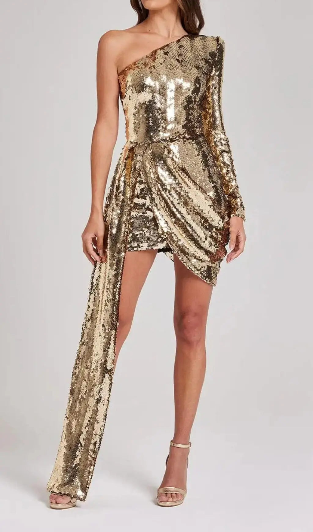 Fashionslee Women Sequins One Shoulder Mini Dress In Gold