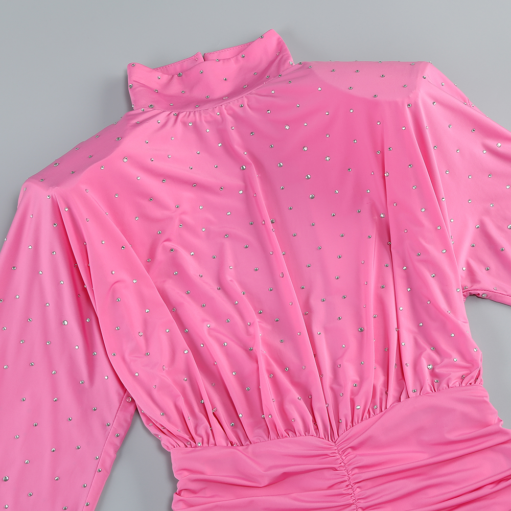 d0ae87560cefcd01afdffadc9b5b9508.jpg Fashionslee Women Pink Long Sleeve Crystal Ruched Dress