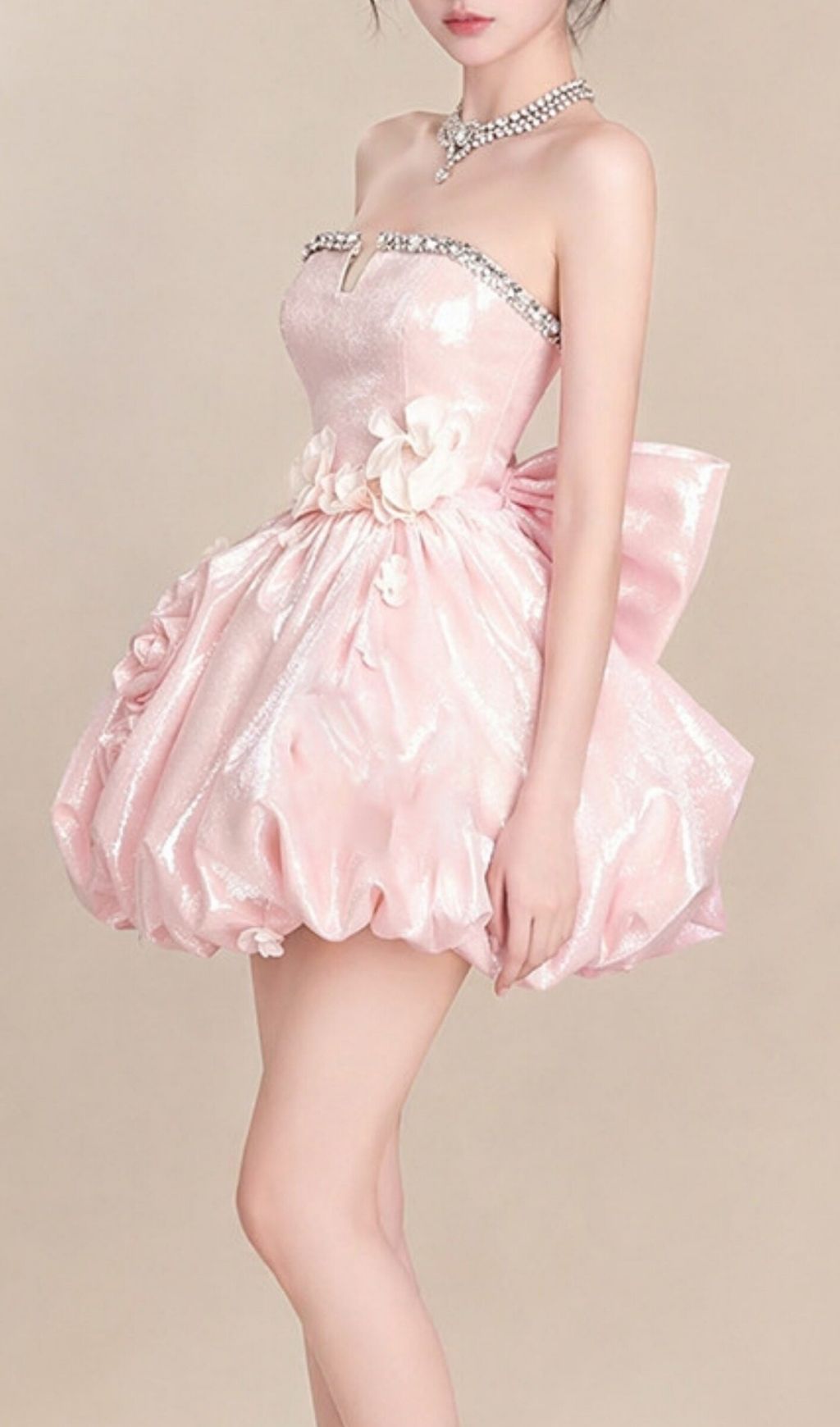Fashionslee Women Krishika Pink Strapless Flower Bow Mini Dress