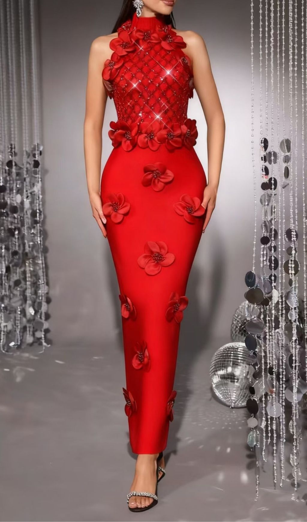 Fashionslee Women Kendi Red Halter Flower Sequin Bandage Maxi Dress